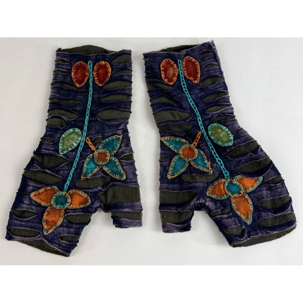 Boho Embroidered Fingerless Gloves Colorful with Floral Design 100% Cotton
